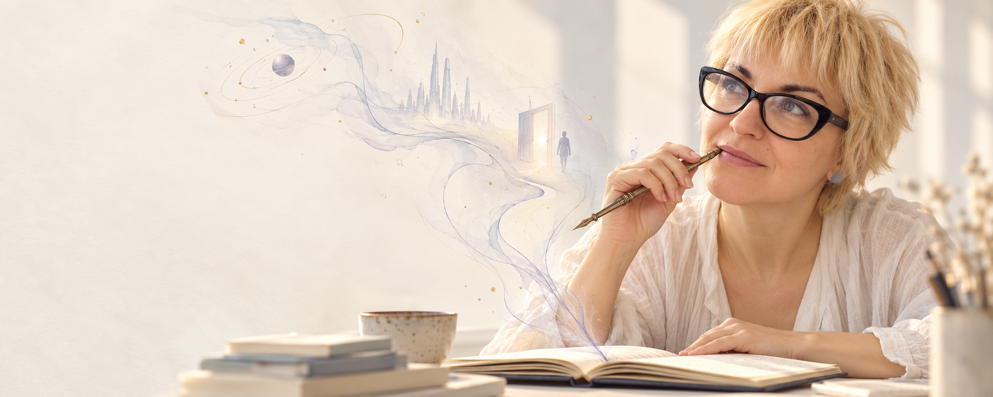 Author Angevicka Bond pausing over an open notebook as imagined worlds take shape